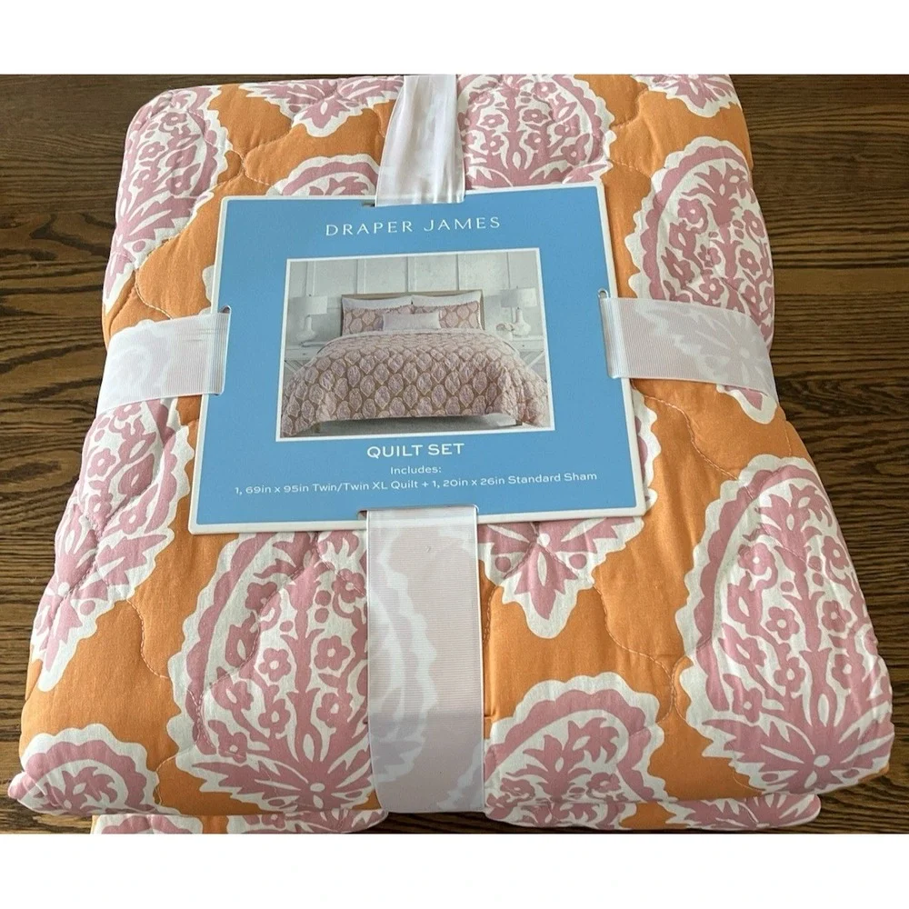 Draper James Twin Quilt Sham Set Orange Pink Paisley Floral Cottagecore Dorm NEW